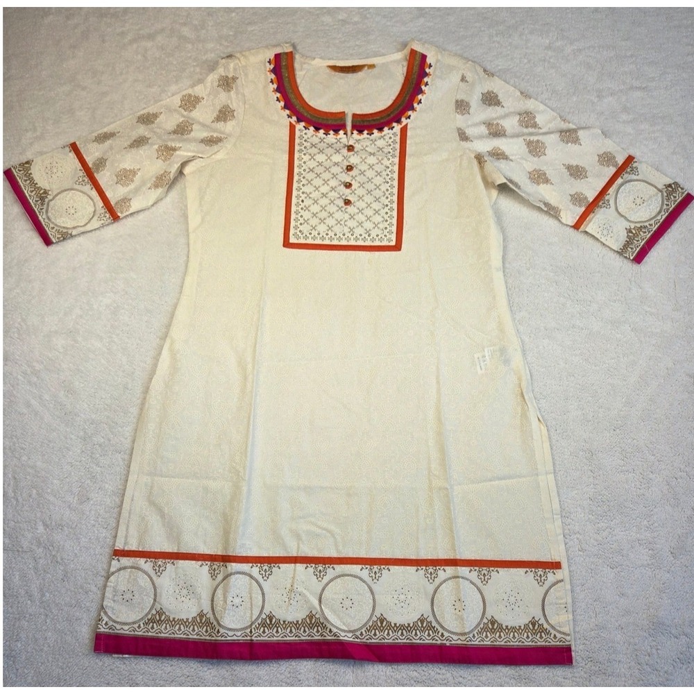 Srishti Womens Kurti Tunic Top Cream Orange Pink Block Print Size Large L